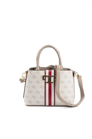 Silver & Polo SP987 Kadın El Çantası Şeritli Monogram Bej-Kum