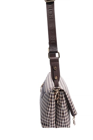 Silver & Polo SP1278 Kadın Çapraz Çanta Ekose Line Kare Kahve Sarı-Kahve