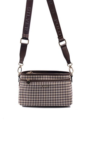 Silver & Polo SP1184 Kadın Çapraz Çanta Ekose Line Kare Kahve Sarı-Kahve