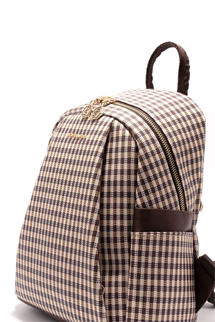 Silver & Polo SP926 Kadın Sırt Çantası Ekose Line Kare Kahve Sarı-Kahve