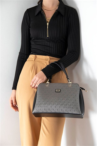 Silver & Polo SP972 Kadın El Çantası Logolu Platin-Siyah