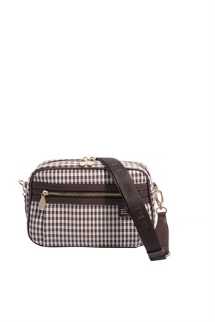 Silver & Polo SP1280 Kadın Çapraz Çanta Ekose Line Kare Kahve Sarı-Kahve