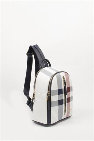 Silver & Polo SP901 Kadın Sırt Çantası Ekose Beyaz-Lacivert