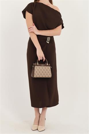Silver & Polo SP1193 Kadın El Çantası Monogram Koyubej-Kahve