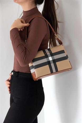 Silver & Polo SP910 Kadın Çapraz Çanta Ekose Bej-Taba