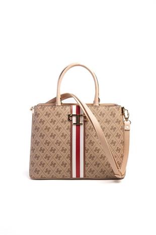 Silver & Polo SP924 Kadın El Çantası Şeritli Monogram Koyu Bej-Ten