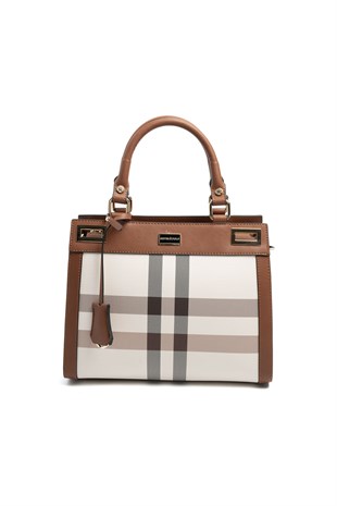 Silver & Polo SP1174 Kadın El Çantası Ekose Krem-Taba