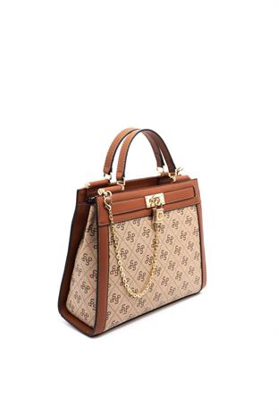 Silver & Polo SP1166 Kadın El Çantası Monogram Koyu Bej-Taba