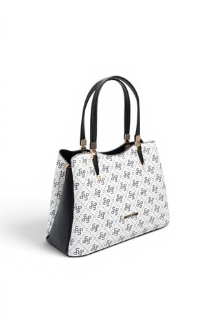 Silver Polo Beyaz - Siyah Monogram Kadın El Çantası SP1205