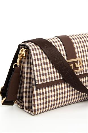 Silver & Polo SP1009 Kadın Çapraz Çanta Ekose Line Kare Kahve Sarı-Kahve