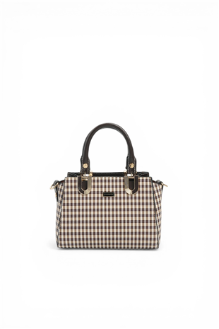 Silver & Polo SP1281 Kadın El Çantası Ekose Line Kare Kahve Sarı-Kahve