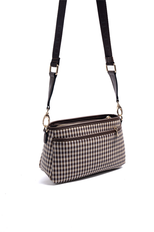 Silver & Polo SP1184 Kadın Çapraz Çanta Ekose Line Kare Kahve Sarı-Kahve