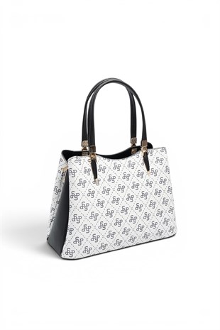 Silver Polo Beyaz - Siyah Monogram Kadın El Çantası SP1205