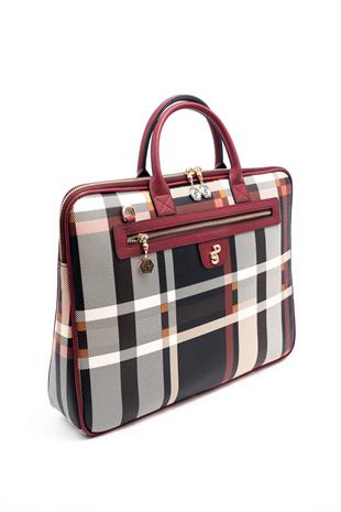 Silver & Polo SP1175 Kadın Laptop & Evrak Çantası Ekose Siyah-Bordo