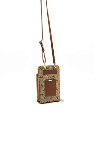 Silver & Polo SP1011 Kadın Telefon Çantası Monogram Koyu Bej-Taba