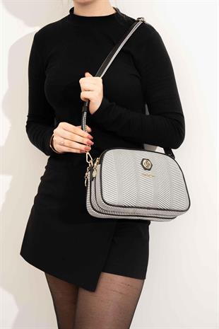 Silver & Polo SP745 Kadın Çapraz Çanta Hasır Siyah Beyaz-Siyah