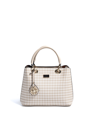 Silver & Polo SP1272 Kadın El Çantası Ekose Line Kare Kum Beji-Kum