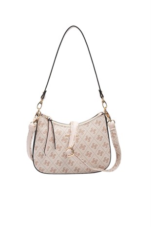 Silver Polo Pembe - Pudra Monogram Kadın Omuz Çantası SP1259