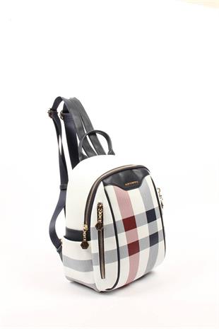 Silver & Polo SP906 Kadın Sırt Çantası Ekose Beyaz-Lacivert