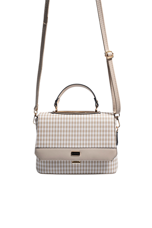 Silver & Polo SP838 Kadın Çapraz Çanta Ekose Line Kare Kahve Sarı-Kahve