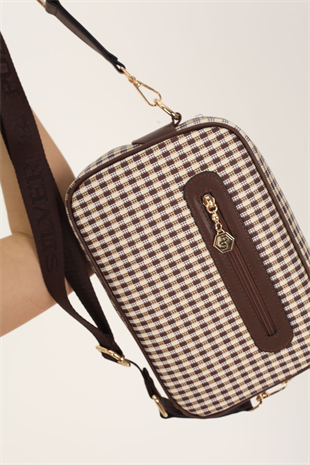 Silver & Polo SP1267 Kadın Çapraz Çanta Ekose Line Kare Kahve Sarı-Kahve