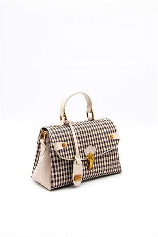 Silver & Polo SP1159 Kadın El Çantası Ekose Line Kare Kahve Sarı-Bej