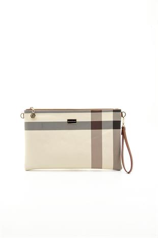 Silver Polo SP1034 Kadın Portföy & Clutch Ekose Krem-Taba
