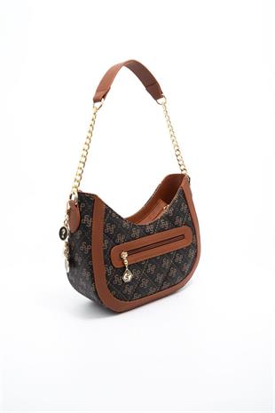 Silver & Polo SP1168 Kadın Omuz Çantası Monogram Kahve Sarı-Taba