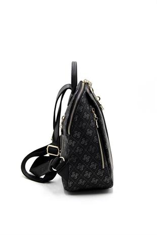 Silver & Polo SP1123 Kadın Sırt Çantası Monogram Siyah Platin-Siyah