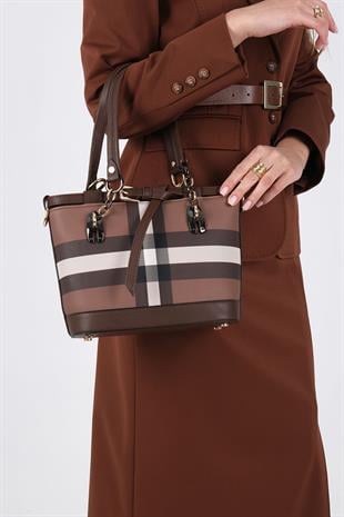 Silver Polo Koyu Kahve - Kahve Ekose Kadın El Çantası SP1155
