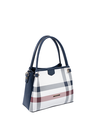 Silver & Polo SP1254 Kadın El Çantası Ekose Beyaz-Lacivert