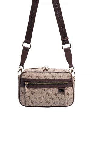 Silver & Polo SP1280 Kadın Çapraz Çanta Monogram Koyu Bej-Kahve