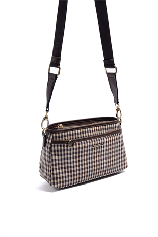 Silver & Polo SP1184 Kadın Çapraz Çanta Ekose Line Kare Kahve Sarı-Kahve