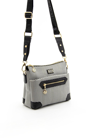 Silver & Polo SP1110 Kadın Çapraz Çanta Hasır Siyah Beyaz-Siyah