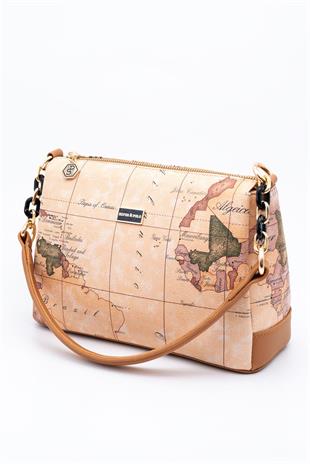 Silver & Polo SP910 Kadın Çapraz Çanta Harita Pudra-A.Taba