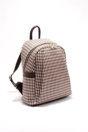 Silver & Polo SP926 Kadın Sırt Çantası Ekose Line Kare Kahve Sarı-Kahve