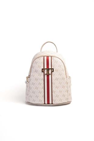 Silver & Polo SP1161 Kadın Sırt Çantası Şeritli Monogram Bej-Kum