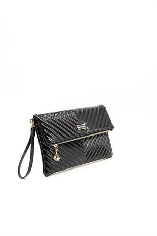 Silver Polo Rugan Siyah - Rugan Siyah Kapitone V Kadın Portföy ve Clutch El Çantası SP1134