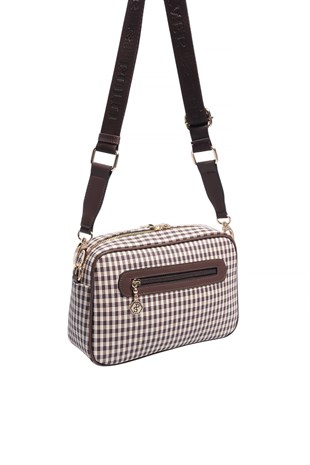 Silver & Polo SP1280 Kadın Çapraz Çanta Ekose Line Kare Kahve Sarı-Kahve