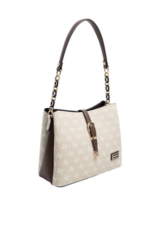 Silver Polo SP974 Kadın Omuz Çantası Monogram Taş-Kahve