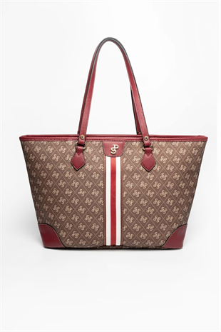 Silver Polo SP1169 Kadın Omuz Çantası Şeritli Monogram Kahve-Bordo