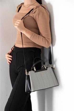 Silver & Polo SP913 Kadın El Çantası Hasır Siyah Beyaz-Siyah