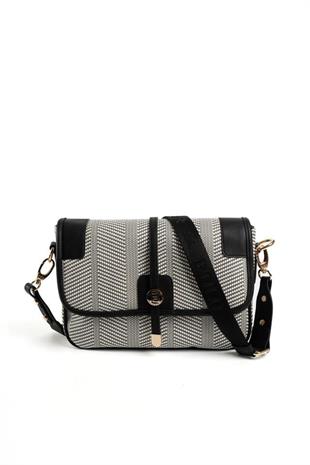 Silver & Polo SP1182 Kadın Çapraz Çanta Hasır Siyah Beyaz-Siyah