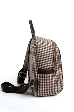 Silver & Polo SP906 Kadın Sırt Çantası Ekose Line Kare Kahve Sarı-Kahve