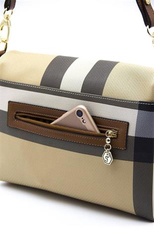 Silver & Polo SP963 Kadın Çapraz Çanta Ekose Bej-Taba