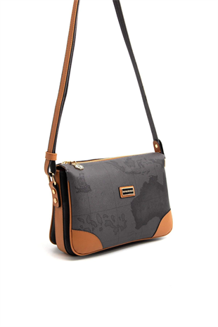 Silver & Polo SP784 Kadın Çapraz Çanta Harita Siyah-A.Taba