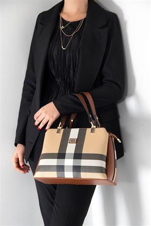 Silver & Polo SP972 Kadın El Çantası Ekose Bej-Taba