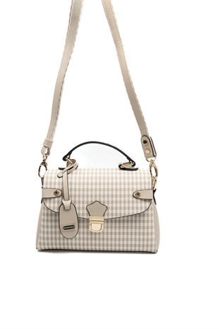 Silver & Polo SP1159 Kadın El Çantası Ekose Line Kare Kum Beji