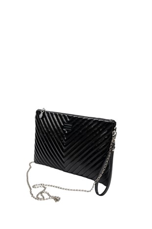 Silver Polo Crash Kırışık Siyah Kapitone V Kadın Portföy ve Clutch El Çantası SP1034