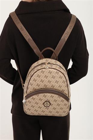 Silver & Polo SP945 Kadın Sırt Çantası Monogram Koyubej-Kahve